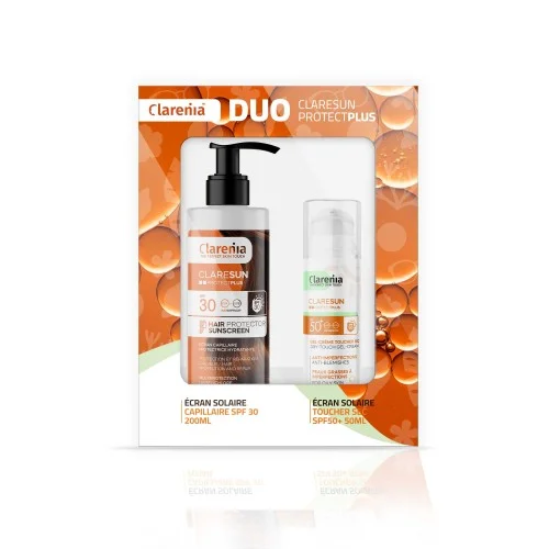 COFFRET SOLAIRE CLARENIA DUO ÉCRAN TOUCHER SEC SPF50+ ET ÉCRAN CAPILAIRE -40%