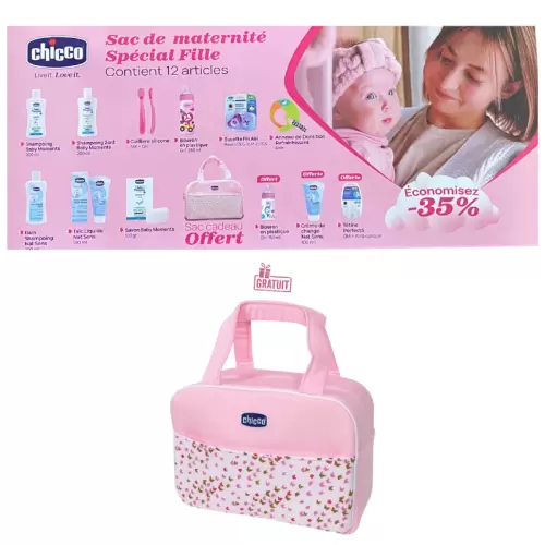 Chicco Sac Maternité Fille – 12 Produits Essentiels + Sac Rose Offert