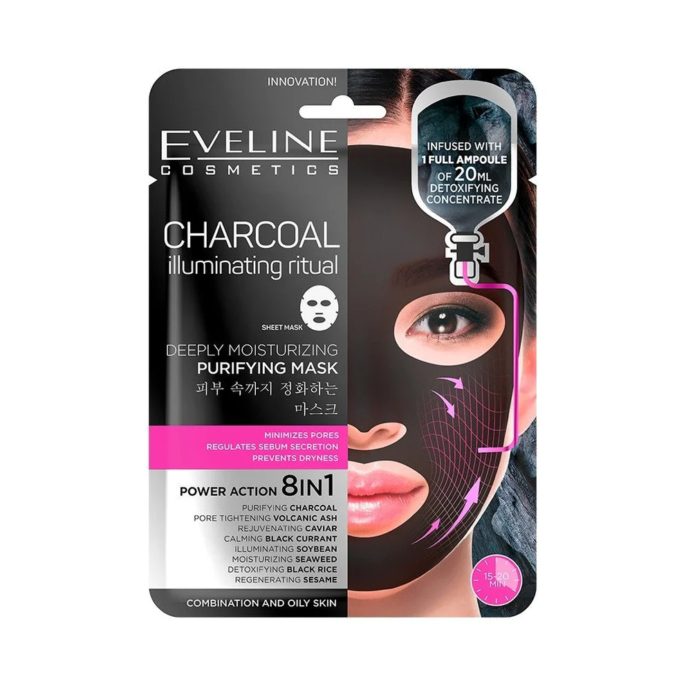 Eveline Masque Visage Purifiant et Hydratant en Profondeur au Charbon 8 en 1
